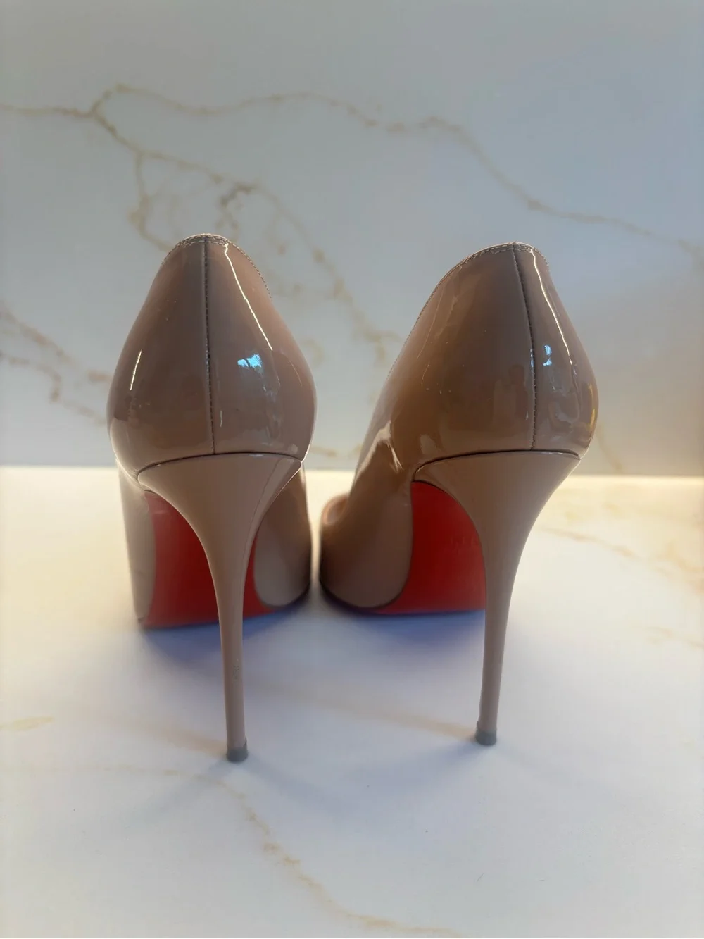 Christian Louboutin Nude Patent Pigalle 100 Pumps - Beige Patent with Red Sole